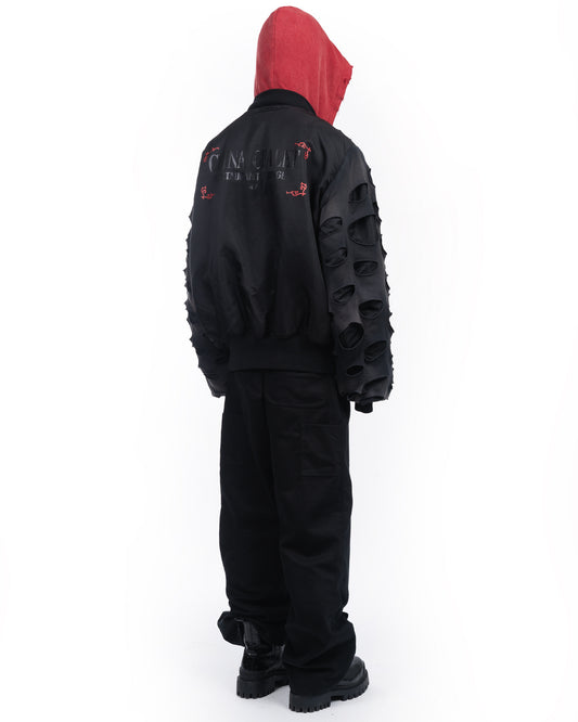China Chalet Double Layer Hooded Bomber: Black / Chinese Red